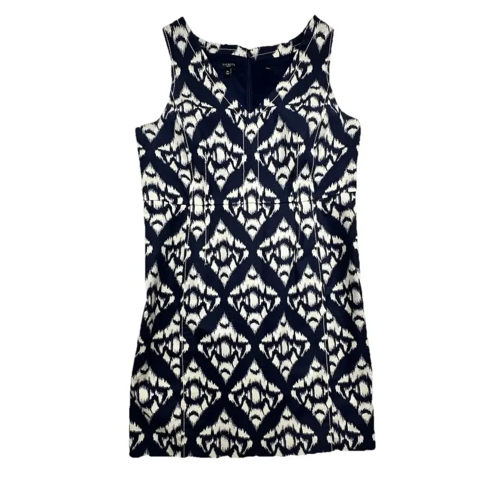 Talbots Womens Dress 14 P Blue Cream Ikat Print Lined Sleeveless Sheath Stretch - Picture 2 of 12
